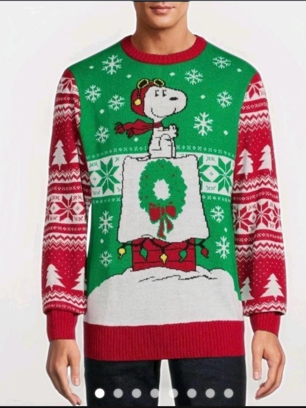 Peanuts Men's Green & Red Snoopy Holiday Crewneck Sweater XL